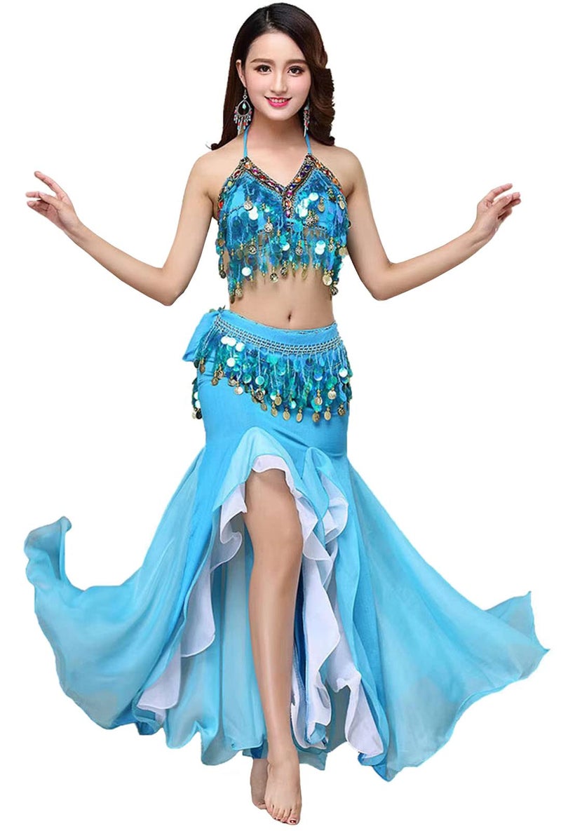 ORIDOOR Women's Belly Dance Dress Belly Dance Crop Top Bra Top and Belt Chiffon Dancing Skirts Costume 3-piece Outfit Lake Blue - Image 1
